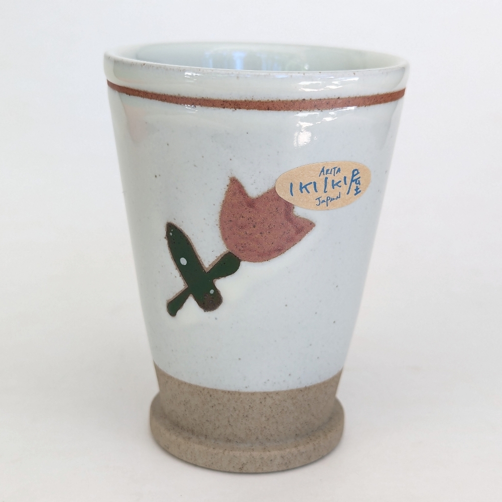 Vtg. ARITA Japan Stoneware Pottery Cup w/ Floral Design Original Sticker Footed